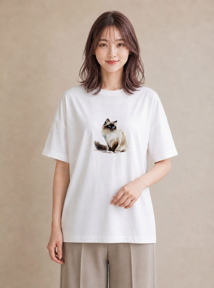 グラフィックTシャツ レディース 猫 ねこ イラスト ゆるコーデ カジュアルコーデ 買い物 白T YMAZO