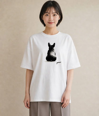 デザインTシャツ レディース フレンチブルドッグ フレブル 犬 いぬ イラスト 水彩風 ペアコーデ 秋コーデ 白T YMAZO