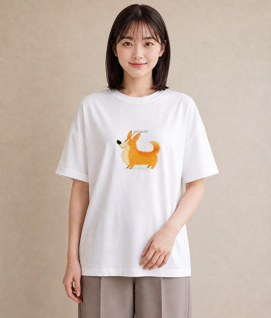 半袖Tシャツ レディース ウェルシュコーギー コーギー 犬 いぬ イラスト ガーリー デイリーウェア 休日 白T YMAZO