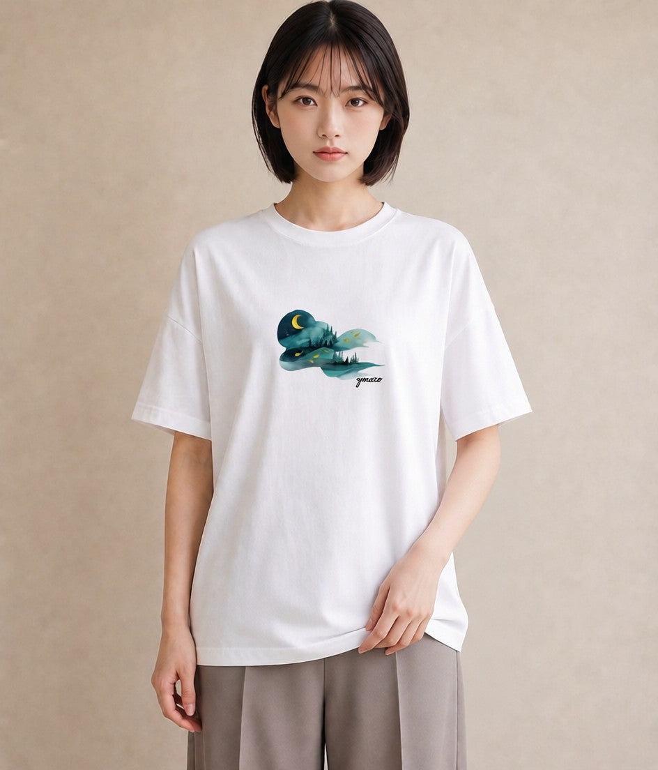Tシャツ レディース オーロラ 星空 宇宙 イラスト 北欧風 帰省 ラフ 白T YMAZO