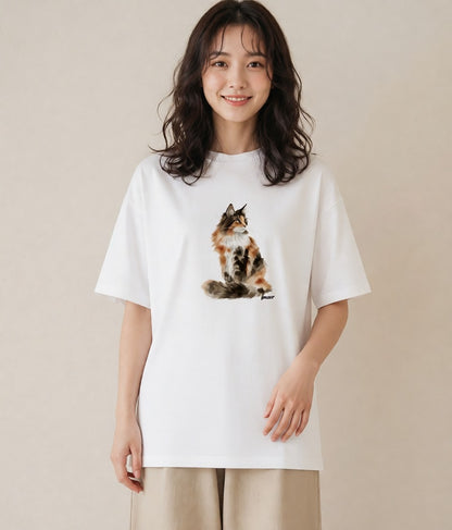 Tシャツ レディース おすわり猫 猫 ねこ イラスト カジュアル 公園 ママ 白T YMAZO