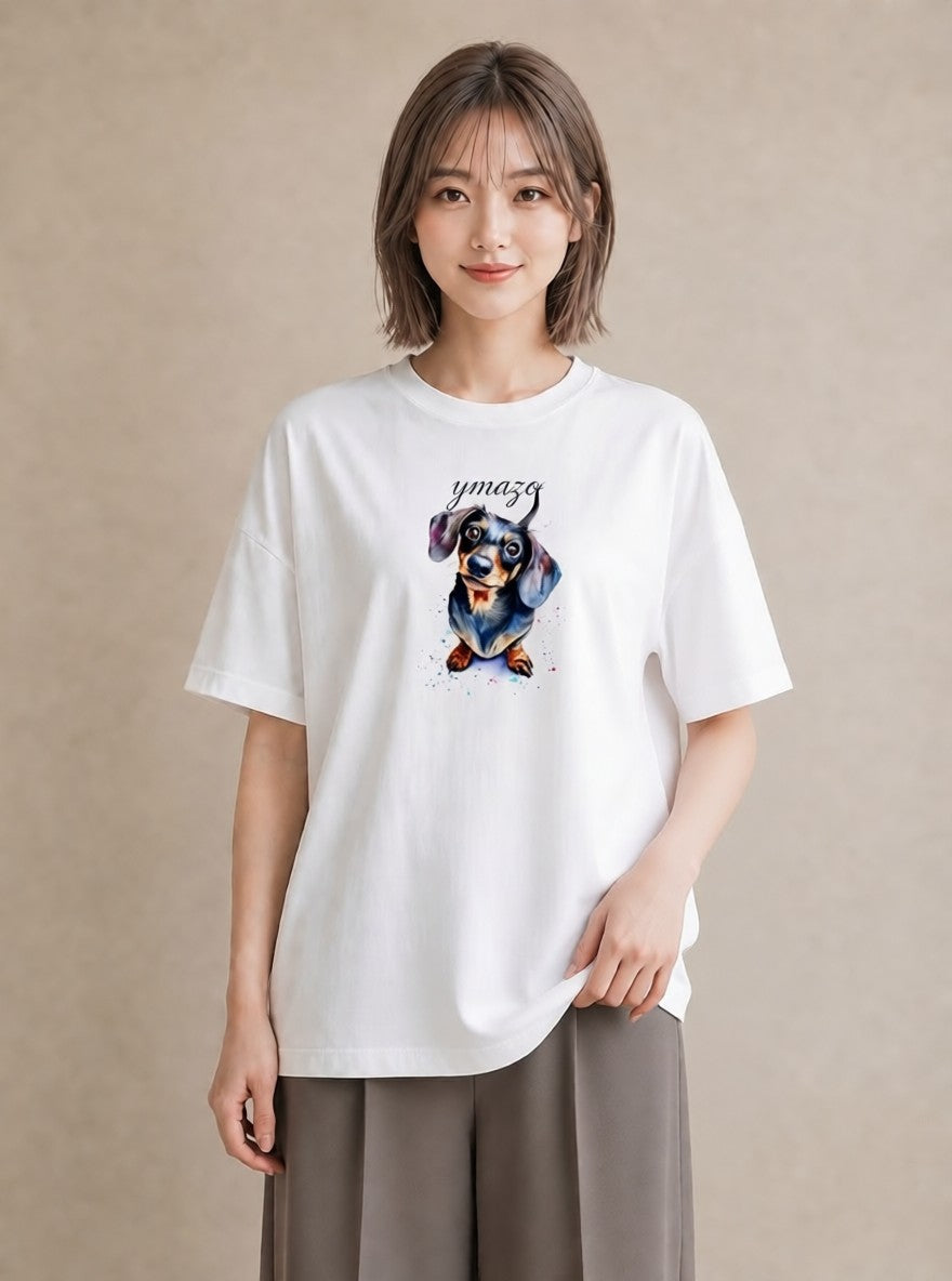 グラフィックTシャツ レディース ミニチュアダックスフンド 犬 いぬ イラスト ラフカジュアル レイヤード 友達ギフト 白T YMAZO