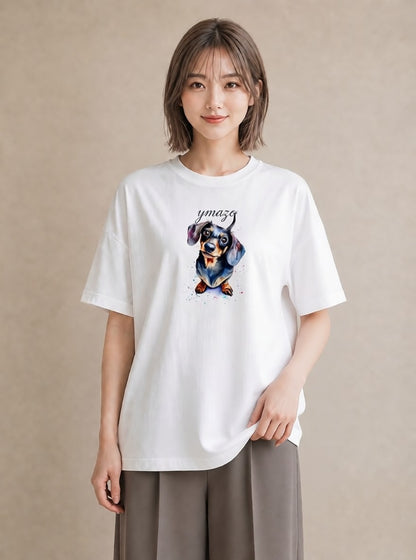 グラフィックTシャツ レディース ミニチュアダックスフンド 犬 いぬ イラスト ラフカジュアル レイヤード 友達ギフト 白T YMAZO