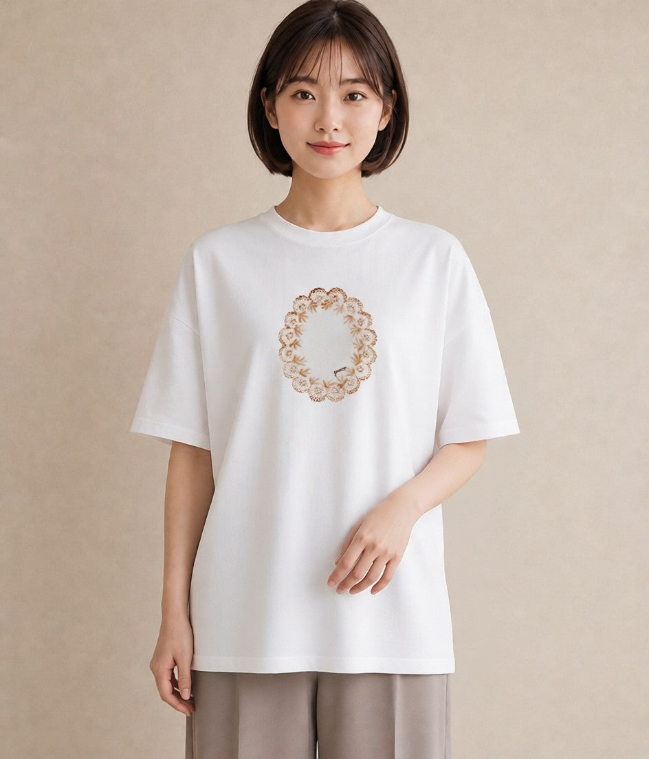 半袖Tシャツ レディース レースハンカチ レース ハンカチ ナチュラル アンティーク イラスト ユニーク ペアコーデ 秋コーデ 白T YMAZO