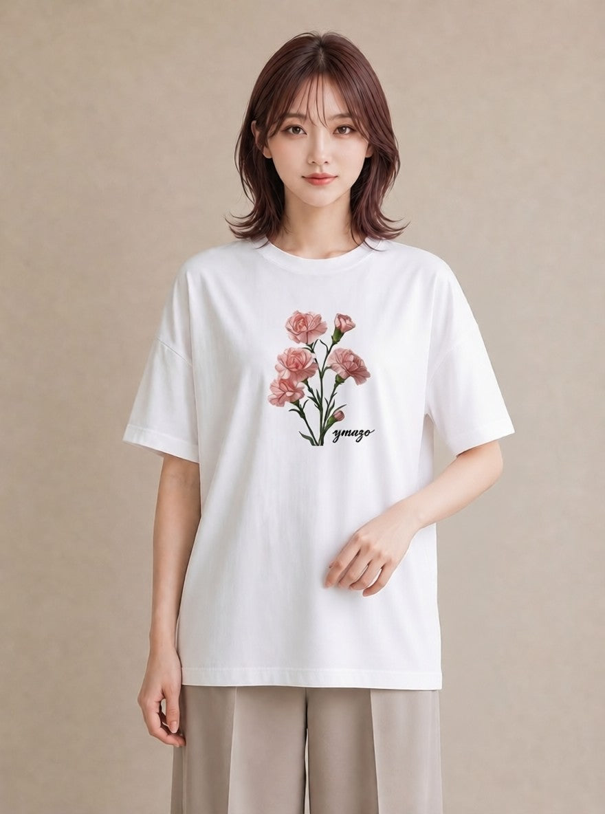 Tシャツ レディース カーネーション 花 花柄 イラスト 北欧風 綿100 デート 白T YMAZO