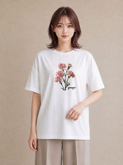 Tシャツ レディース カーネーション 花 花柄 イラスト 北欧風 綿100 デート 白T YMAZO