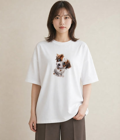 デザインTシャツ レディース キャバリア 犬 いぬ イラスト ヴィンテージ風 ペアコーデ 秋コーデ 白T YMAZO