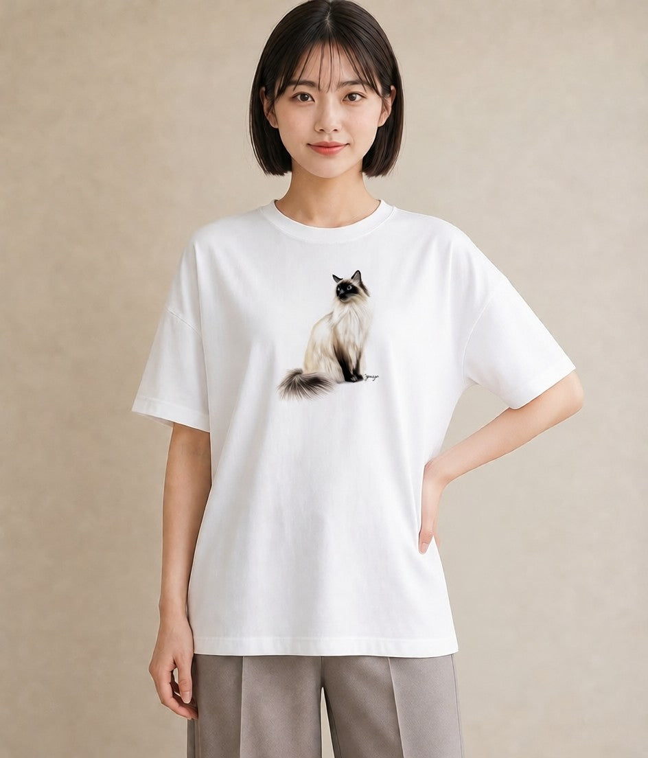 デザインTシャツ レディース ぶち猫 猫 ねこ イラスト ニュアンス カフェ服 クリスマス 白T YMAZO