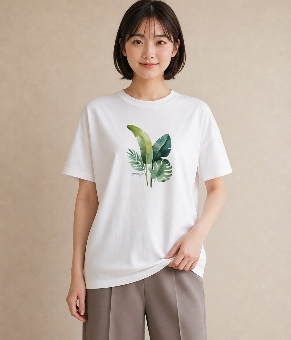 Tシャツ レディース モンステラ 植物 ボタニカル イラスト ラフカジュアル 春服 ミセス 白T YMAZO