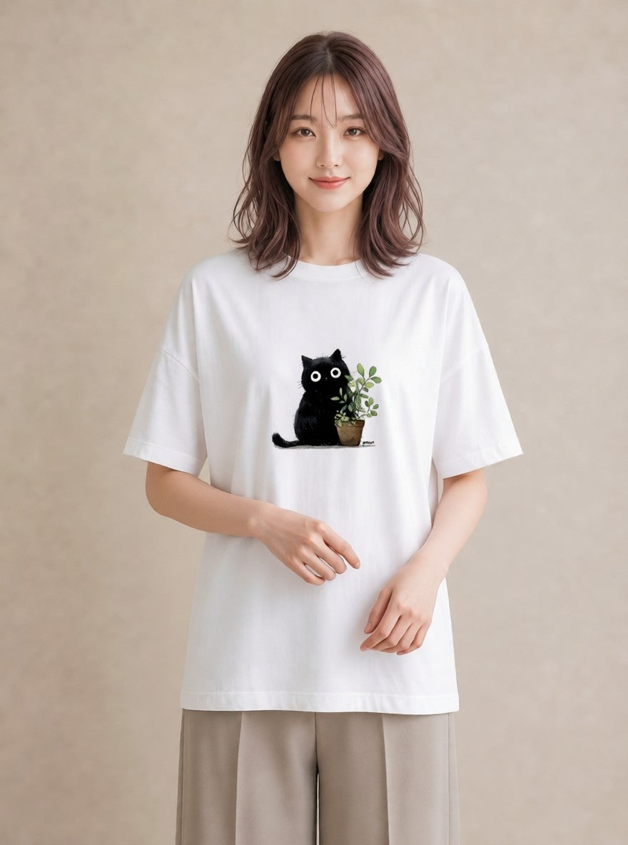半袖Tシャツ レディース 黒猫 猫 ねこ イラスト 韓国風 普段着 週末コーデ 白T YMAZO