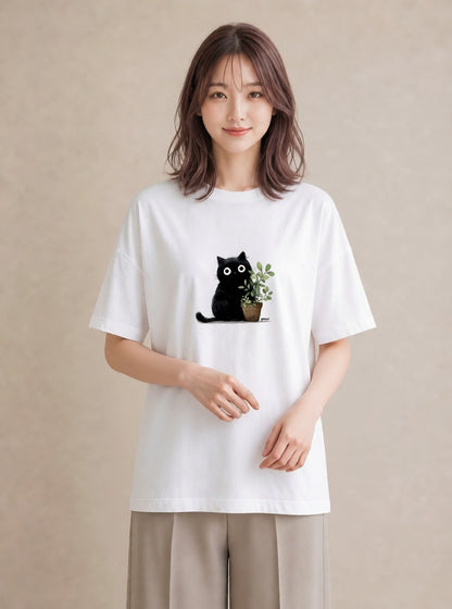 半袖Tシャツ レディース 黒猫 猫 ねこ イラスト 韓国風 普段着 週末コーデ 白T YMAZO