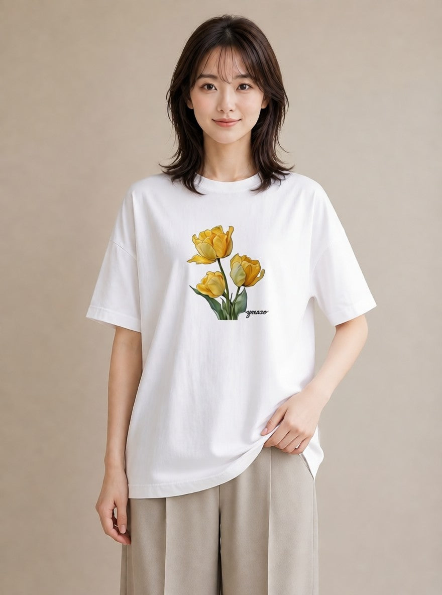 プリントTシャツ レディース チューリップ 花 花柄 イラスト ラフ 女性向けギフト 散歩 白T YMAZO