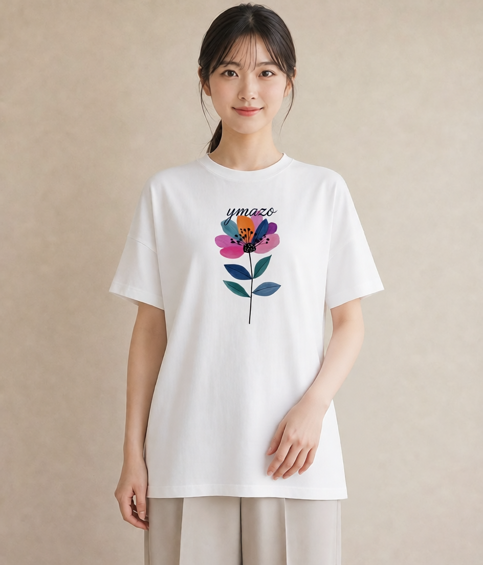プリントTシャツ レディース パンジー 花 花柄 イラスト 韓国風 公園 ママ 白T