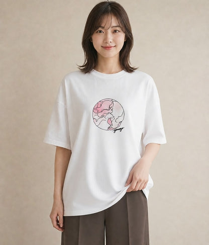 半袖Tシャツ レディース 月 星空 宇宙 イラスト ガーリー 通勤 在宅 白T YMAZO