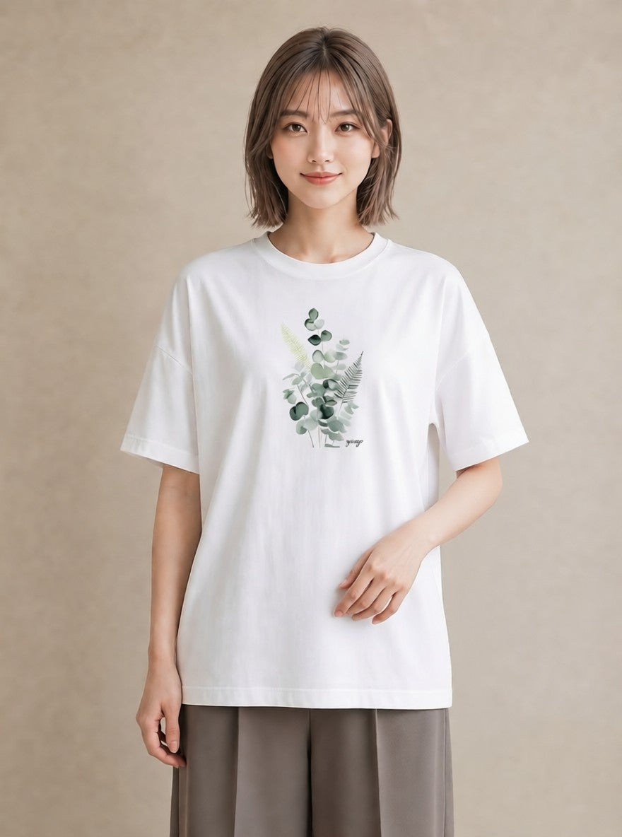 デザインTシャツ レディース シダ 植物 ボタニカル イラスト カジュアル 春服 ミセス 白T YMAZO