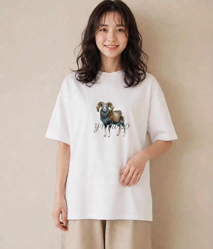 半袖Tシャツ レディース ひつじ 動物 アニマル イラスト 旅行コーデ お出かけ 普段着 白T YMAZO