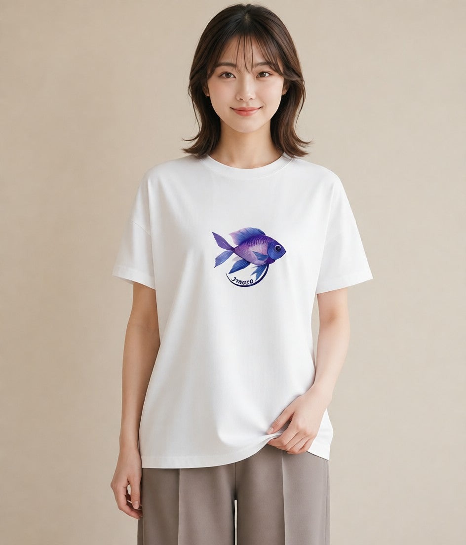 プリントTシャツ レディース グッピー ペット 動物 イラスト ゆるかわ 綿100 デート 白T YMAZO