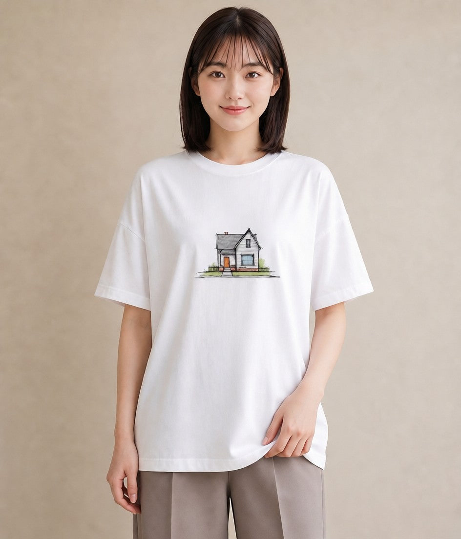 Tシャツ レディース 湖畔の小屋 湖 小屋 ナチュラル アンティーク イラスト 抜け感 部屋着 女性向けギフト 白T YMAZO