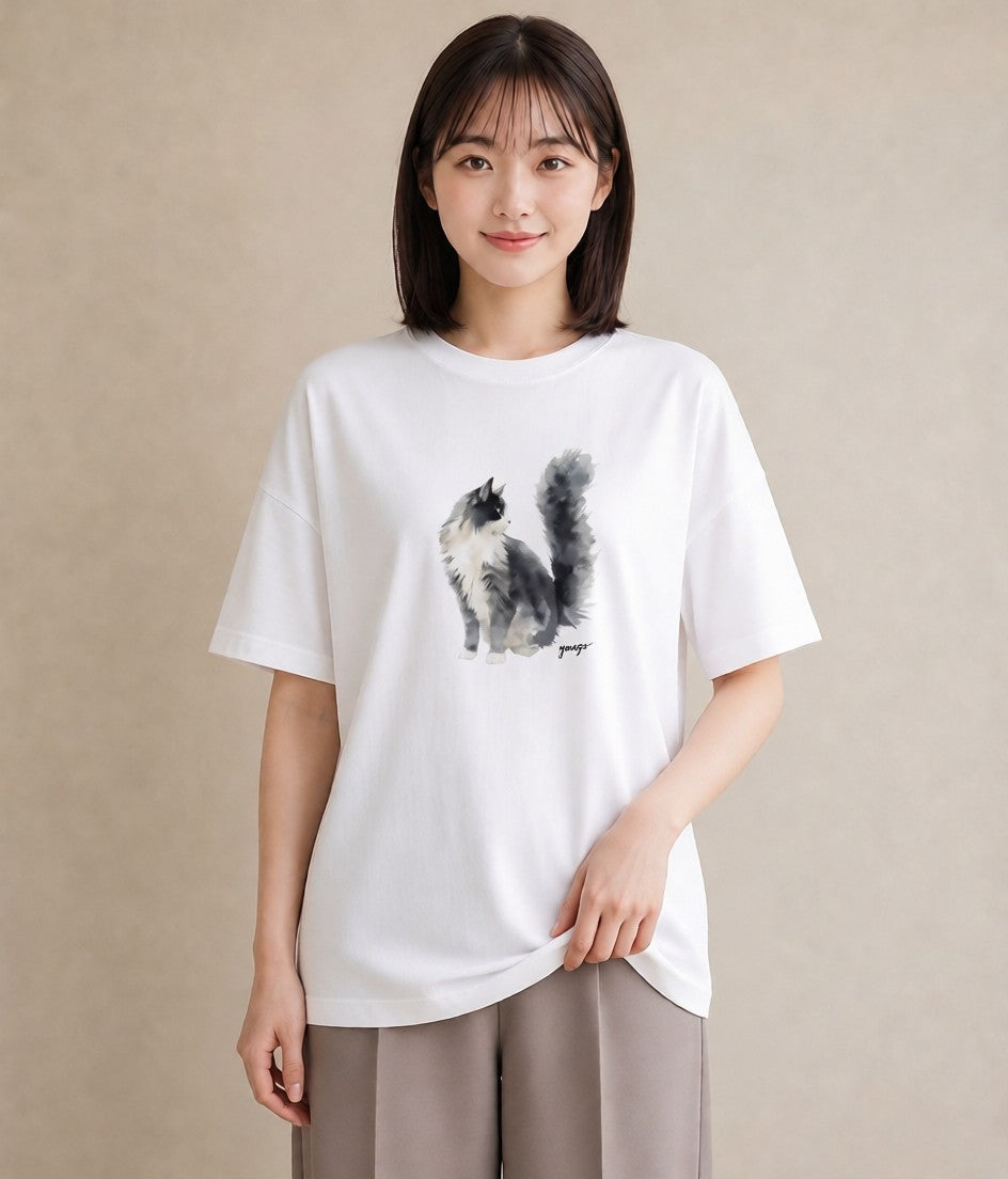 デザインTシャツ レディース ソマリ 猫 ねこ イラスト 上品 誕生日プレゼント 綿100 白T YMAZO