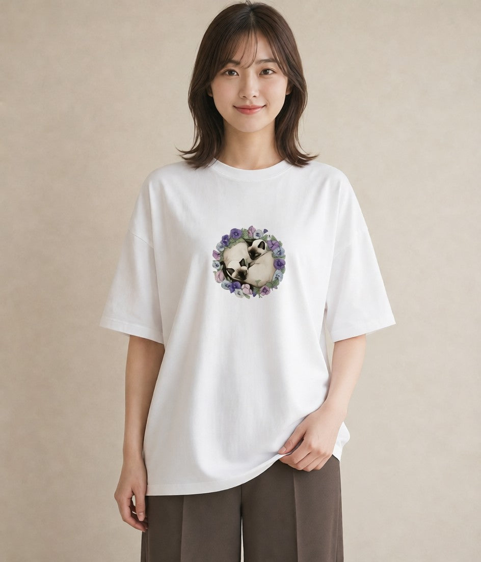 Tシャツ レディース シャム柄 猫 ねこ イラスト ユニーク 女子会 お揃い 白T YMAZO
