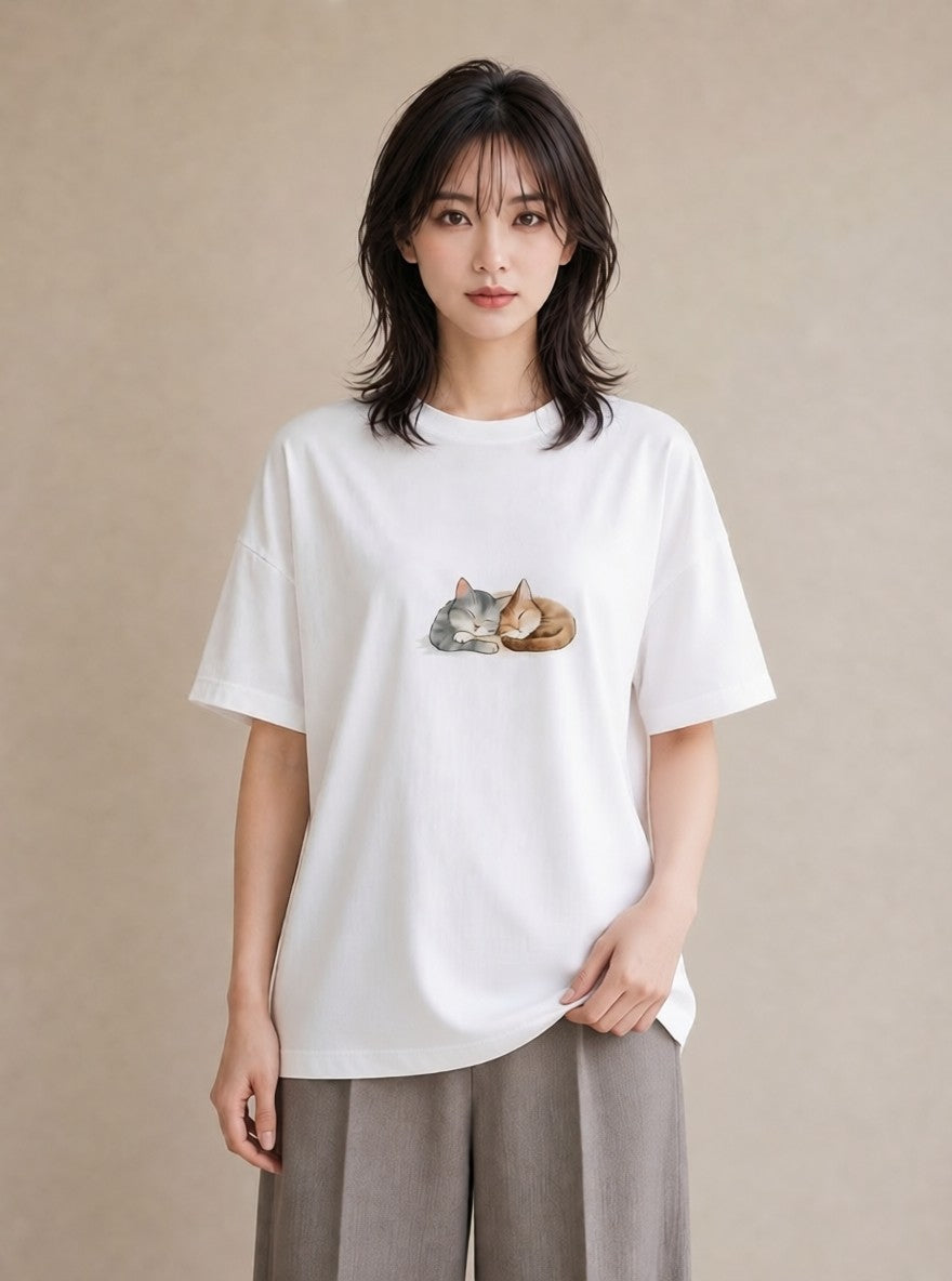 半袖Tシャツ レディース 肉球 猫 ねこ イラスト シンプル ママ カフェ服 白T YMAZO