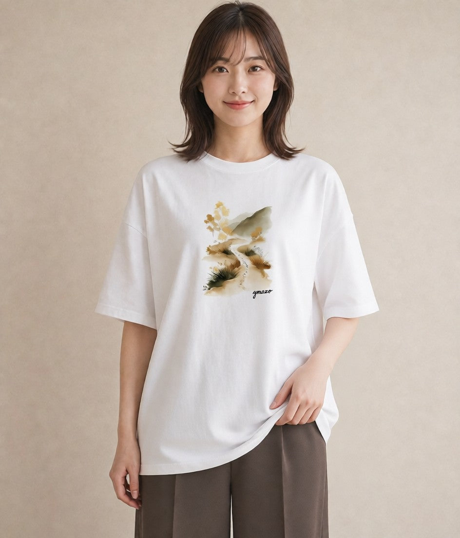 Tシャツ レディース 小川 橋 せせらぎ ナチュラル アンティーク イラスト きれいめカジュアル 部屋着 女性向けギフト 白T YMAZO