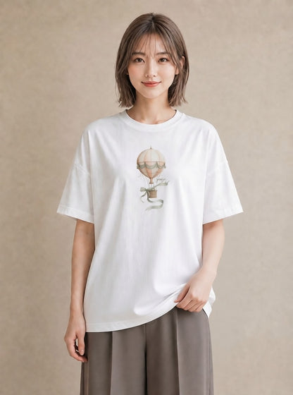 プリントTシャツ レディース 紙風船 和紙 ナチュラル アンティーク イラスト きれいめカジュアル 夏コーデ 通学 白T YMAZO
