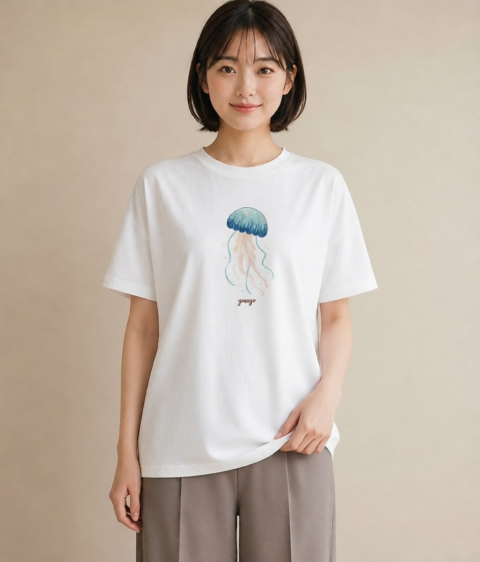 プリントTシャツ レディース くらげ クラゲ 海の生き物 海 イラスト 可愛い 普段着 週末コーデ 白T YMAZO