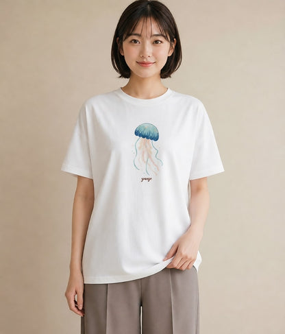 プリントTシャツ レディース くらげ クラゲ 海の生き物 海 イラスト 可愛い 普段着 週末コーデ 白T YMAZO