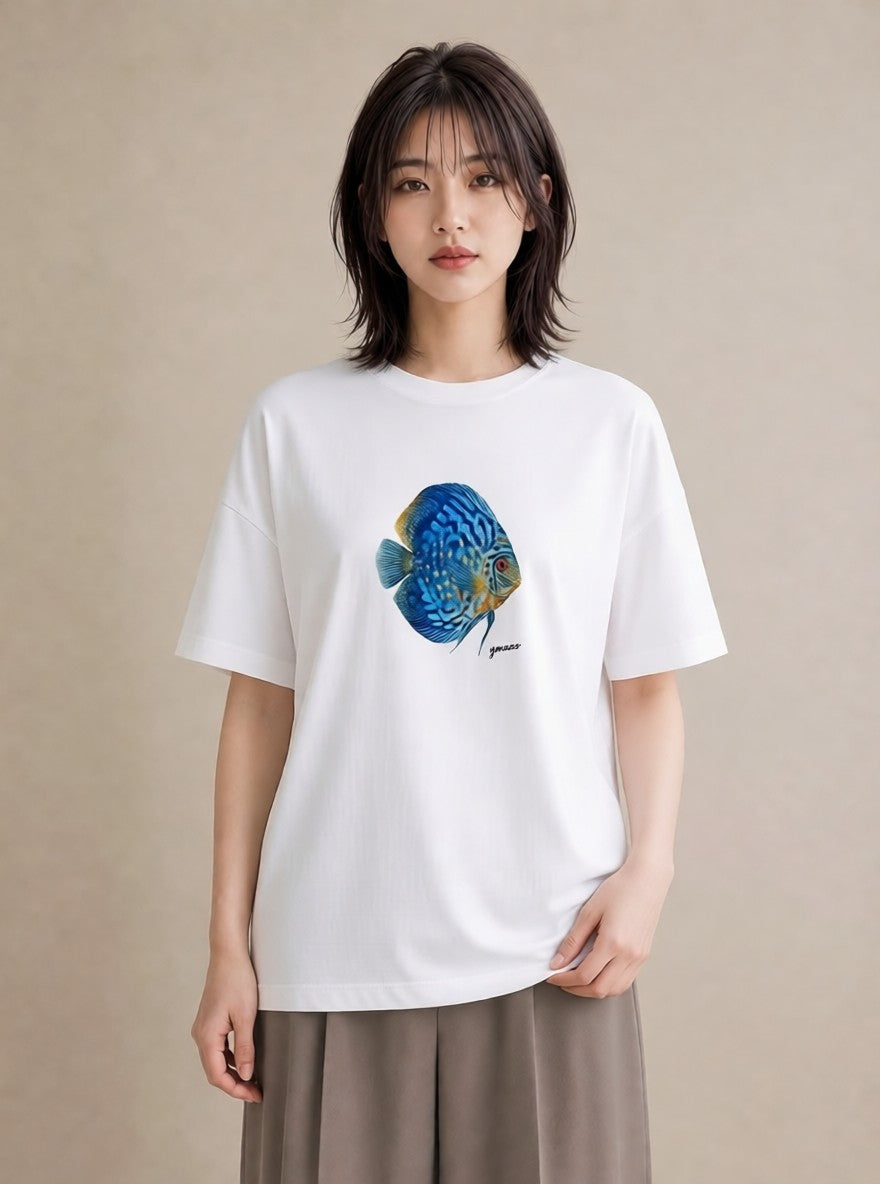 Tシャツ レディース 熱帯魚 ペット 動物 イラスト 上品 ラフ レイヤード 白T YMAZO