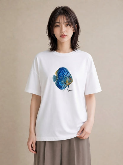 Tシャツ レディース 熱帯魚 ペット 動物 イラスト 上品 ラフ レイヤード 白T YMAZO