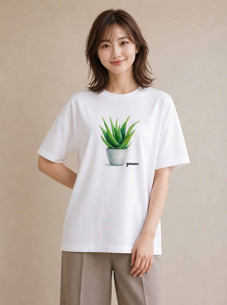 プリントTシャツ レディース サボテン 植物 ボタニカル イラスト カフェコーデ 夏コーデ 通学 白T YMAZO
