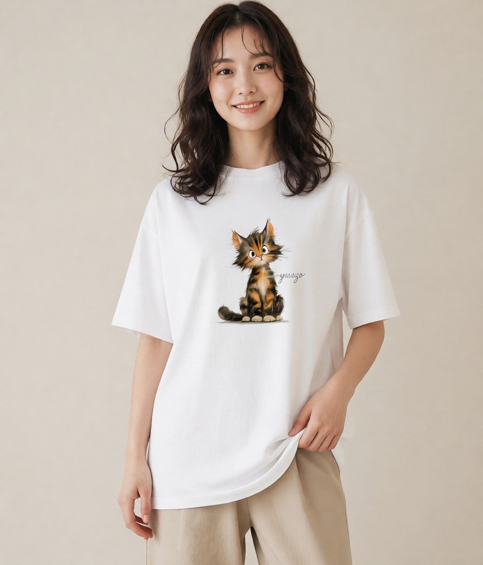 Tシャツ レディース 茶トラ 茶猫 猫 ねこ イラスト ボタニカル カジュアルコーデ 買い物 白T YMAZO