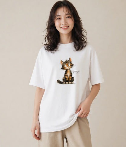 Tシャツ レディース 茶トラ 茶猫 猫 ねこ イラスト ボタニカル カジュアルコーデ 買い物 白T YMAZO