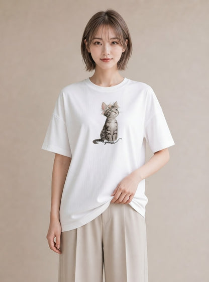 デザインTシャツ レディース キジトラ 猫 ねこ イラスト シック 買い物 夏コーデ 白T YMAZO