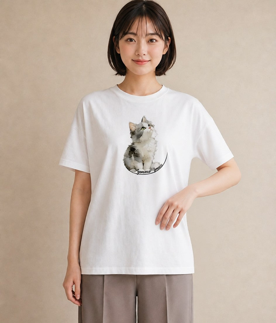 Tシャツ レディース 猫 ねこ イラスト ポップ 公園 ママ 白T YMAZO