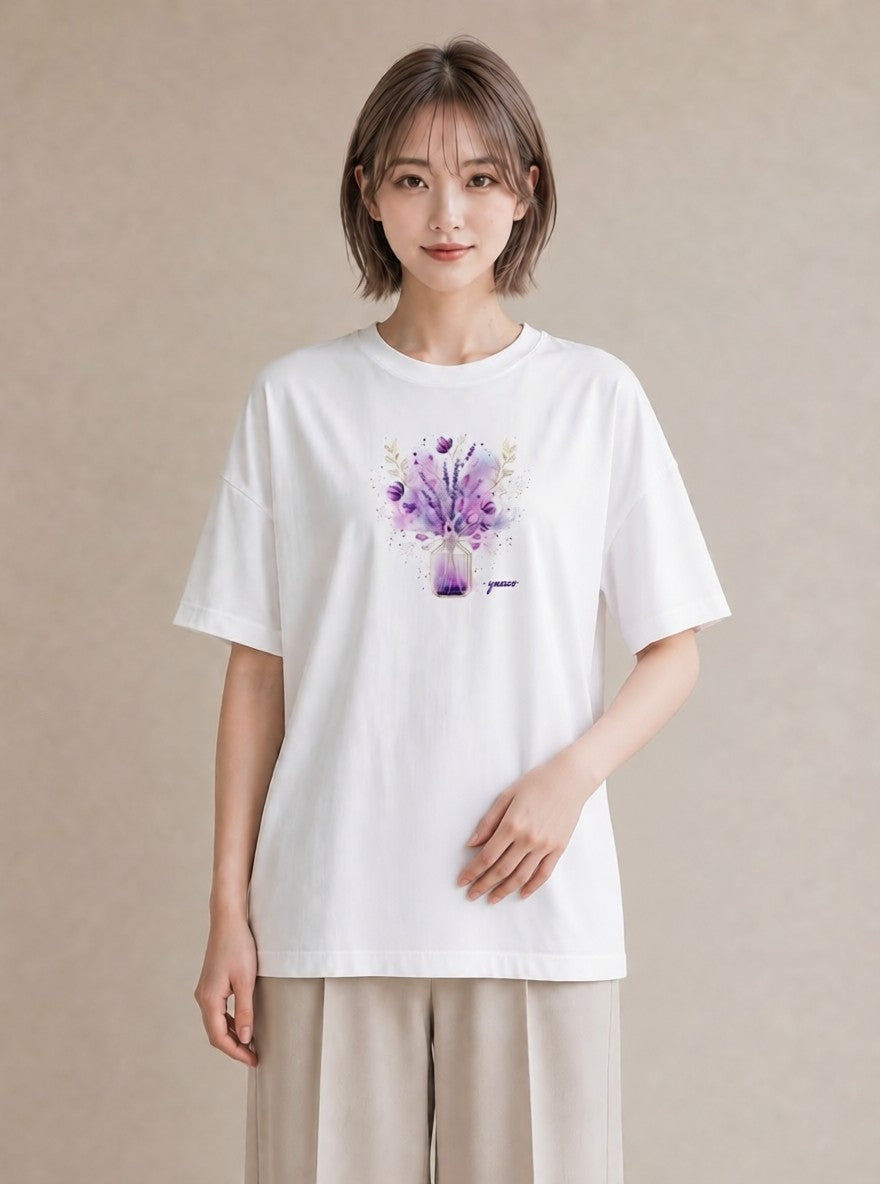 グラフィックTシャツ レディース ラベンダー 花 花柄 イラスト ポップ ママ カフェ服 白T YMAZO
