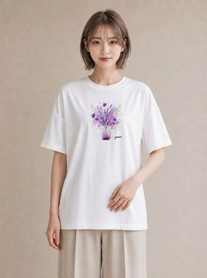 グラフィックTシャツ レディース ラベンダー 花 花柄 イラスト ポップ ママ カフェ服 白T YMAZO