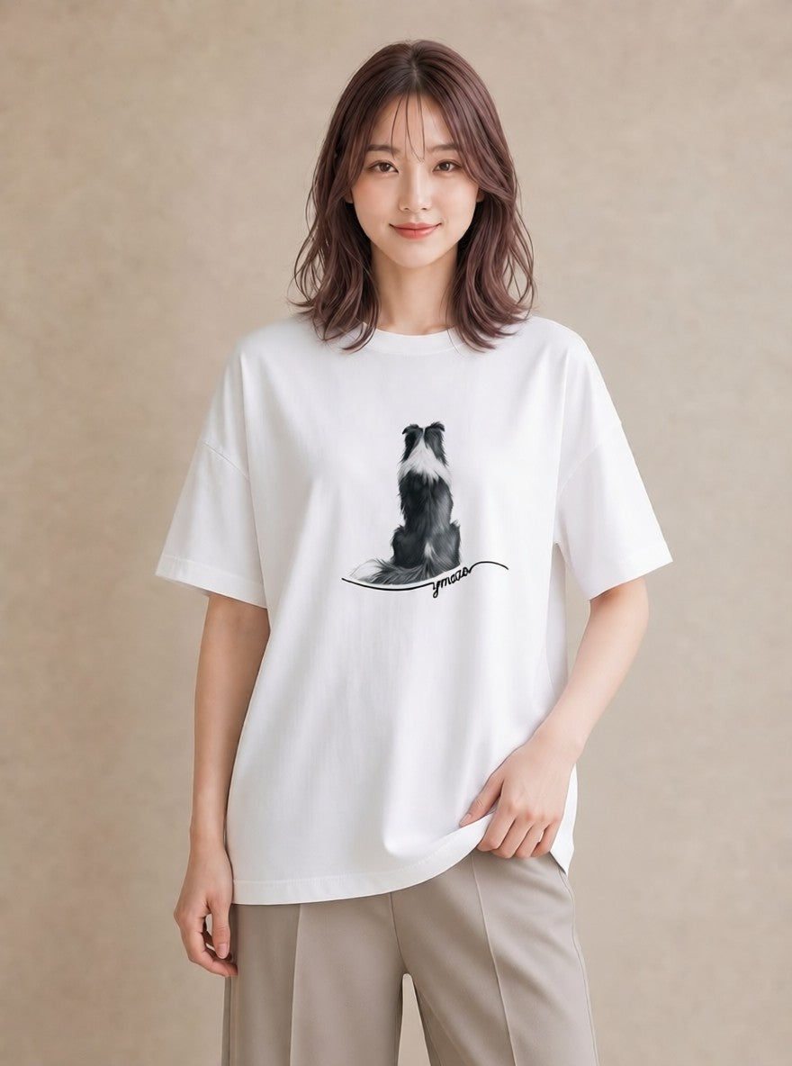 デザインTシャツ レディース ボーダーコリー 犬 いぬ イラスト ラフカジュアル 公園 ママ 白T YMAZO