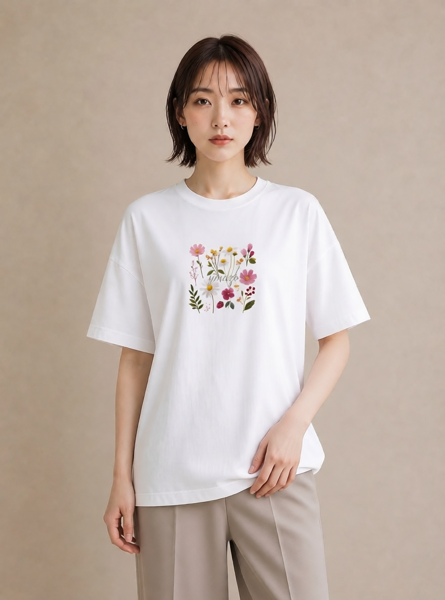 半袖Tシャツ レディース コスモス 秋桜 花 花柄 イラスト 線画 女性 旅行用 白T