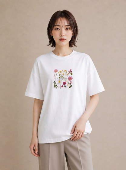 半袖Tシャツ レディース コスモス 秋桜 花 花柄 イラスト 線画 女性 旅行用 白T