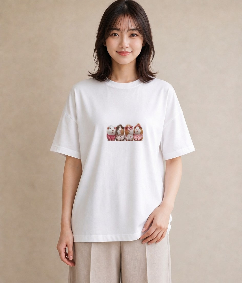 Tシャツ レディース モルモット ペット 動物 イラスト ラフ 誕生日プレゼント 綿100 白T YMAZO