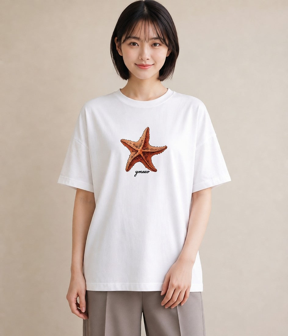 グラフィックTシャツ レディース ヒトデ 海の生き物 海 イラスト ポップ カフェ服 クリスマス 白T YMAZO