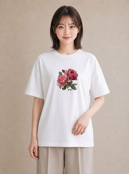 半袖Tシャツ レディース バラ 薔薇 ローズ 花 花柄 イラスト アート風 女性 旅行用 白T YMAZO