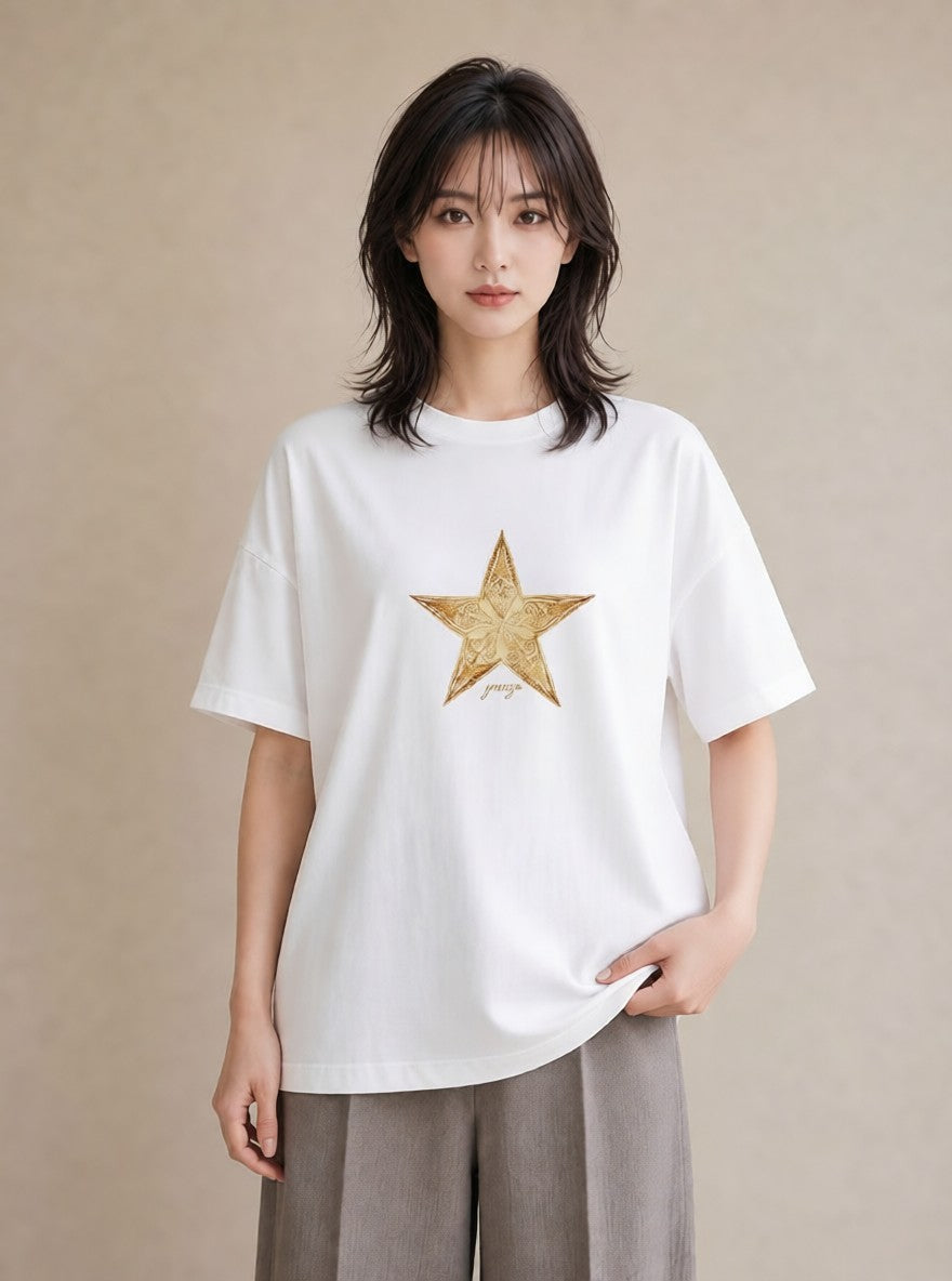 グラフィックTシャツ レディース スター 星空 宇宙 イラスト ラフカジュアル ミセス 春コーデ 白T YMAZO