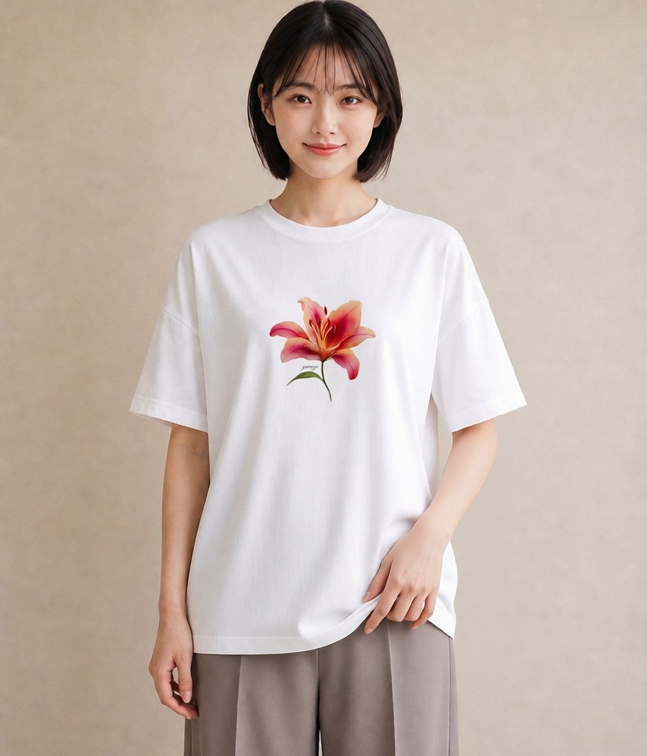半袖Tシャツ レディース 彼岸花 花 花柄 イラスト ラフ カジュアルコーデ 買い物 白T YMAZO