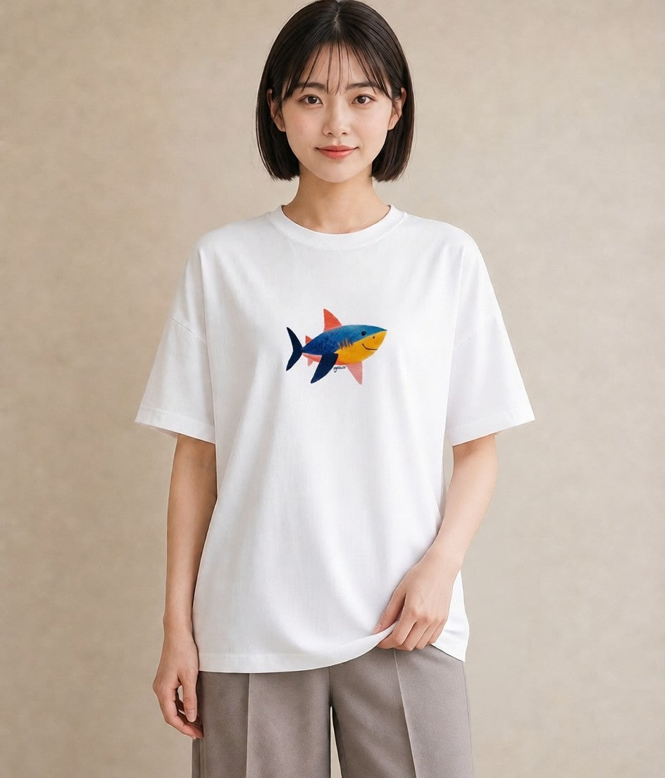 グラフィックTシャツ レディース サメ 海の生き物 海 イラスト カジュアル 旅行 母娘コーデ 白T YMAZO
