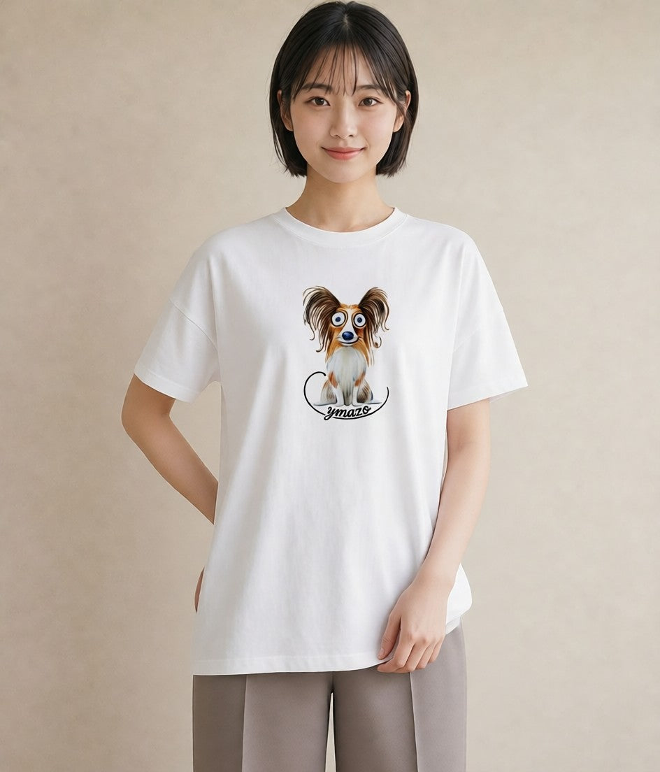半袖Tシャツ レディース パピヨン 犬 いぬ イラスト アート風 20代 カジュアルコーデ 白T YMAZO