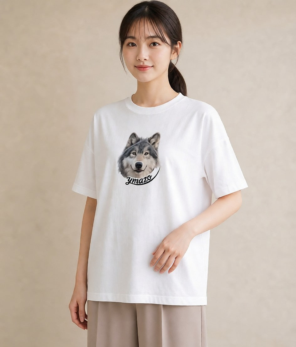 プリントTシャツ レディース シベリアンハスキー 犬 いぬ イラスト 北欧風 綿100 デート 白T YMAZO