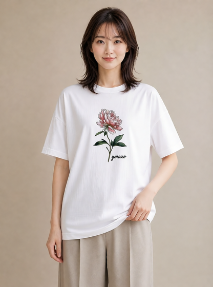プリントTシャツ レディース 牡丹 花 花柄 イラスト ヴィンテージ風 部屋着 女性向けギフト 白T YMAZO
